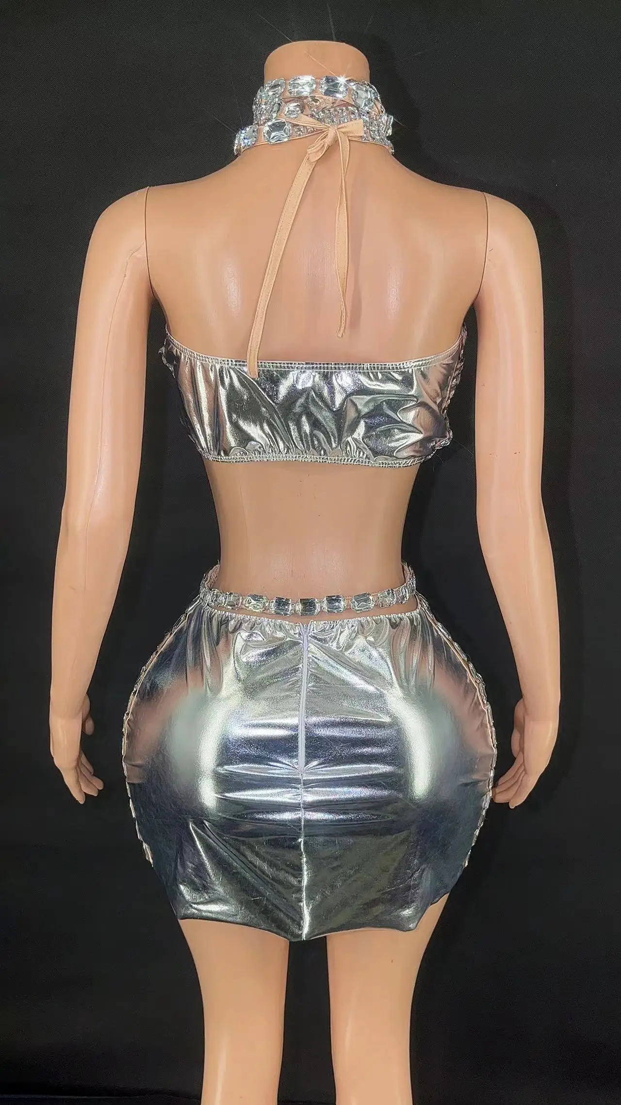 Flashing Rhinestone Sliver Sexy Halter Backless Sheath Two-Pieces Set Birthday Evening Party Celebrate Costume Nightclub Outfit