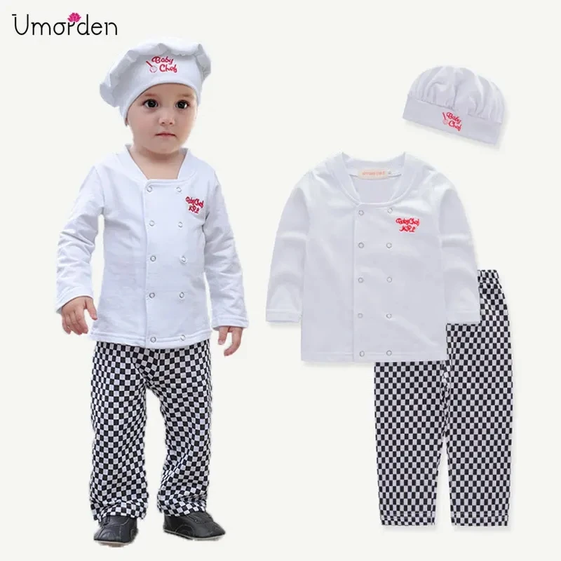 3pcs Set Cook Chef Costume for Baby Infant 12M 18M 2-3T Kitchen Uniform Halloween Purim Fancy Dress Cotton High Quality Umorden