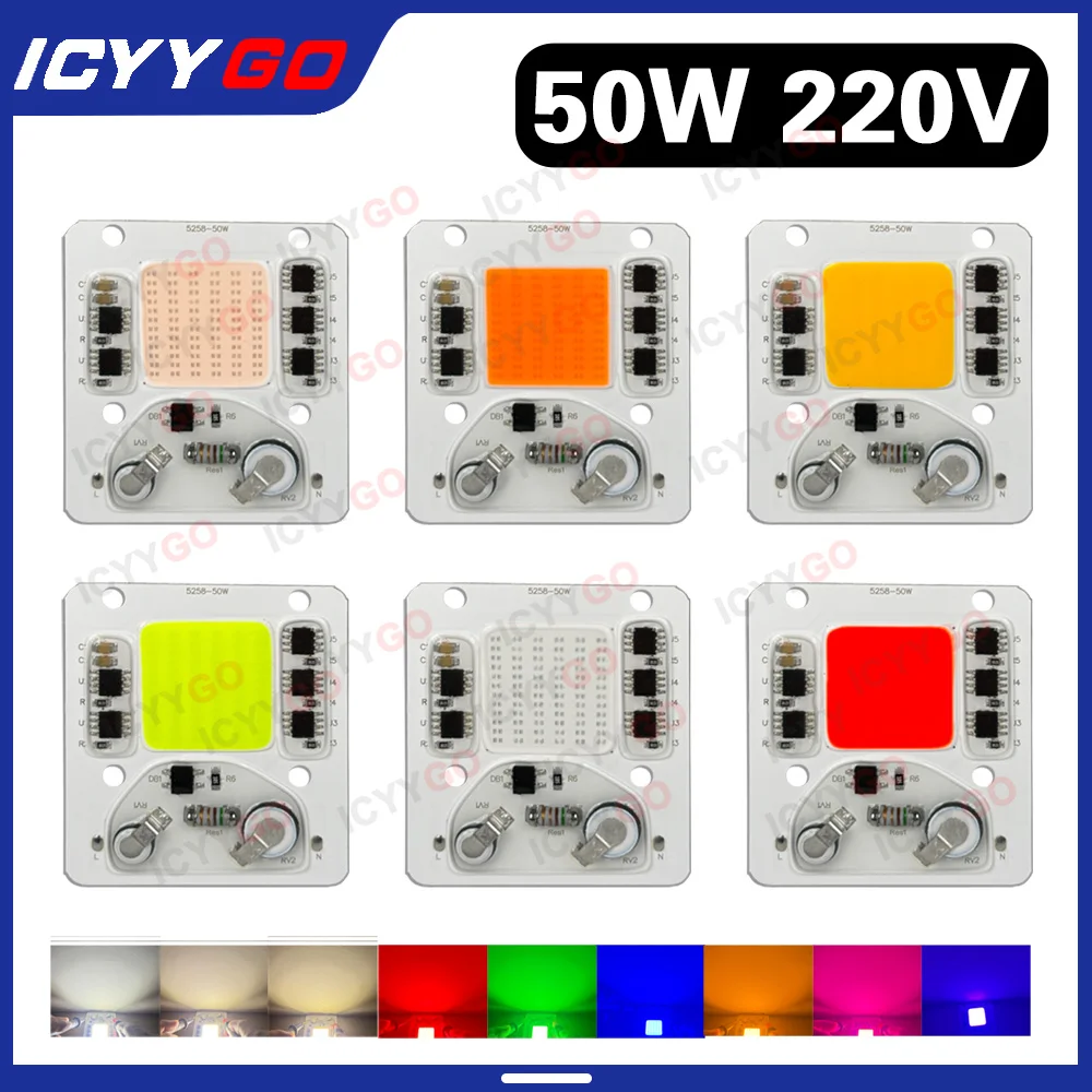 50W COB AC220V Smart IC No Driver Required DIY Multi-Color Flood Light LED Bulb Spotlight COB LED Chip Light Outdoor Lighting