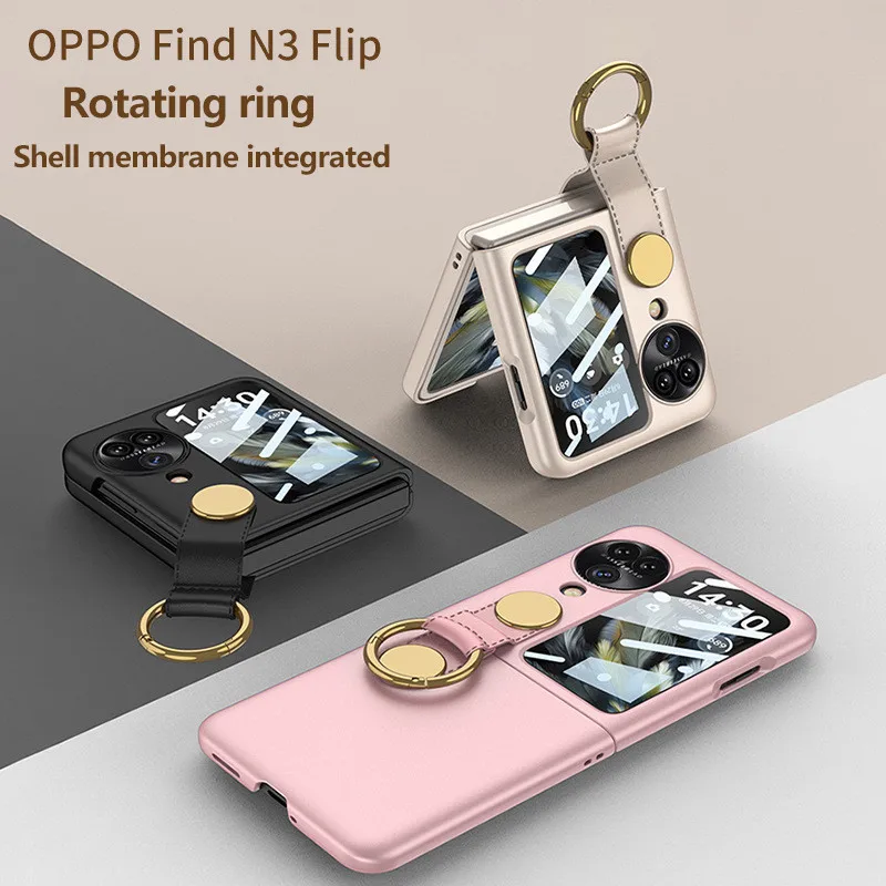 OPPO Find N3 플립용 거치대 휴대폰 케이스, 초박형 쉘 멤브레인 충격 방지 커버, 360 회전 링