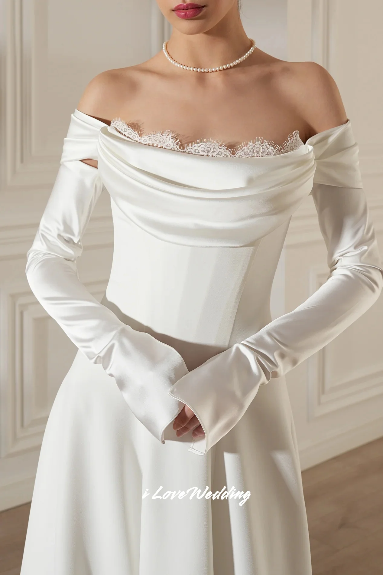 Witte off-shoulder trouwjurk 2025, satijnen afneembare mouwen, a-lijn kant, enkellange geplooide bruiloftsjurken op maat
