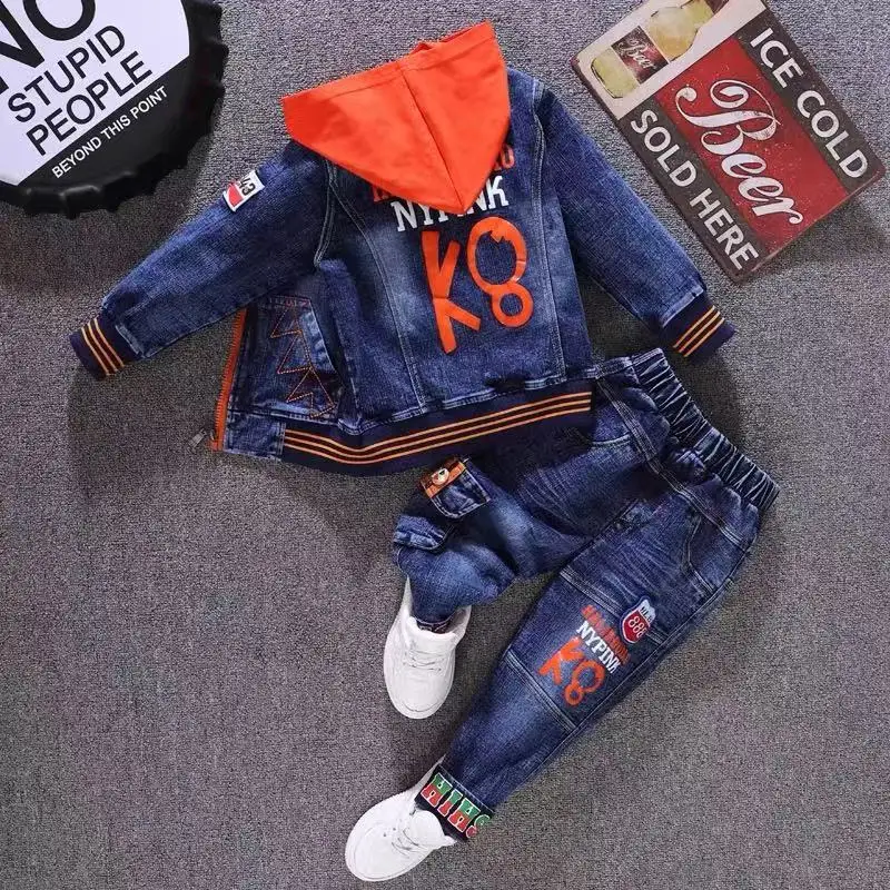 Boys' Denim Three-Piece Suit Autumn Fashionable Casual Cartoon Print Zipper Closure Long Sleeve Shirt And Pants Set