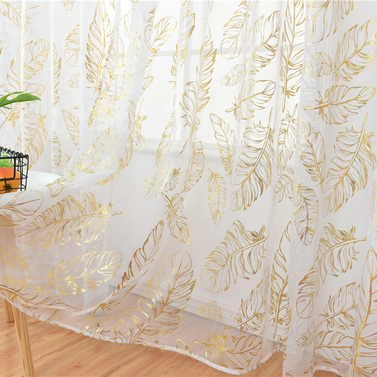 1Pcs Fine Polyester Sheer Curtain with Feather Bronzing Print 100x200cm Golden Sheer Voile for Natural Light Privacy Half