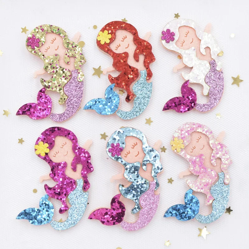 6CM Glitter Fabric Appliques Cartoon Mermaid Nonwoven Padded Patches for Wall Hat Stickers DIY Hair Clips Decor Accessories