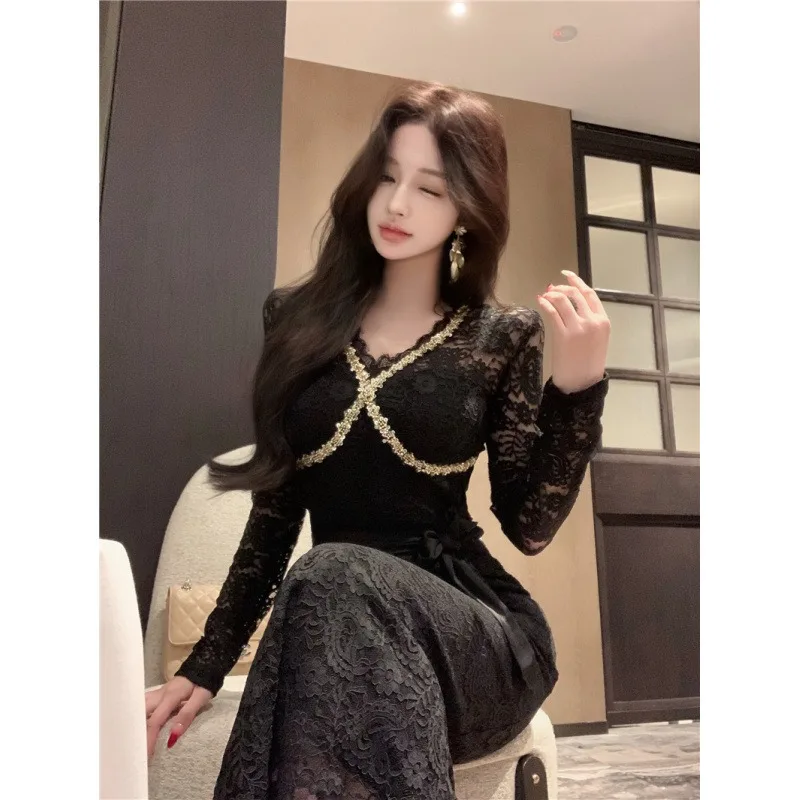 Vestido de manga comprida com decote em V temperamento para mulheres com renda fina rabo de peixe saia longa cintura pacote vestido quadril