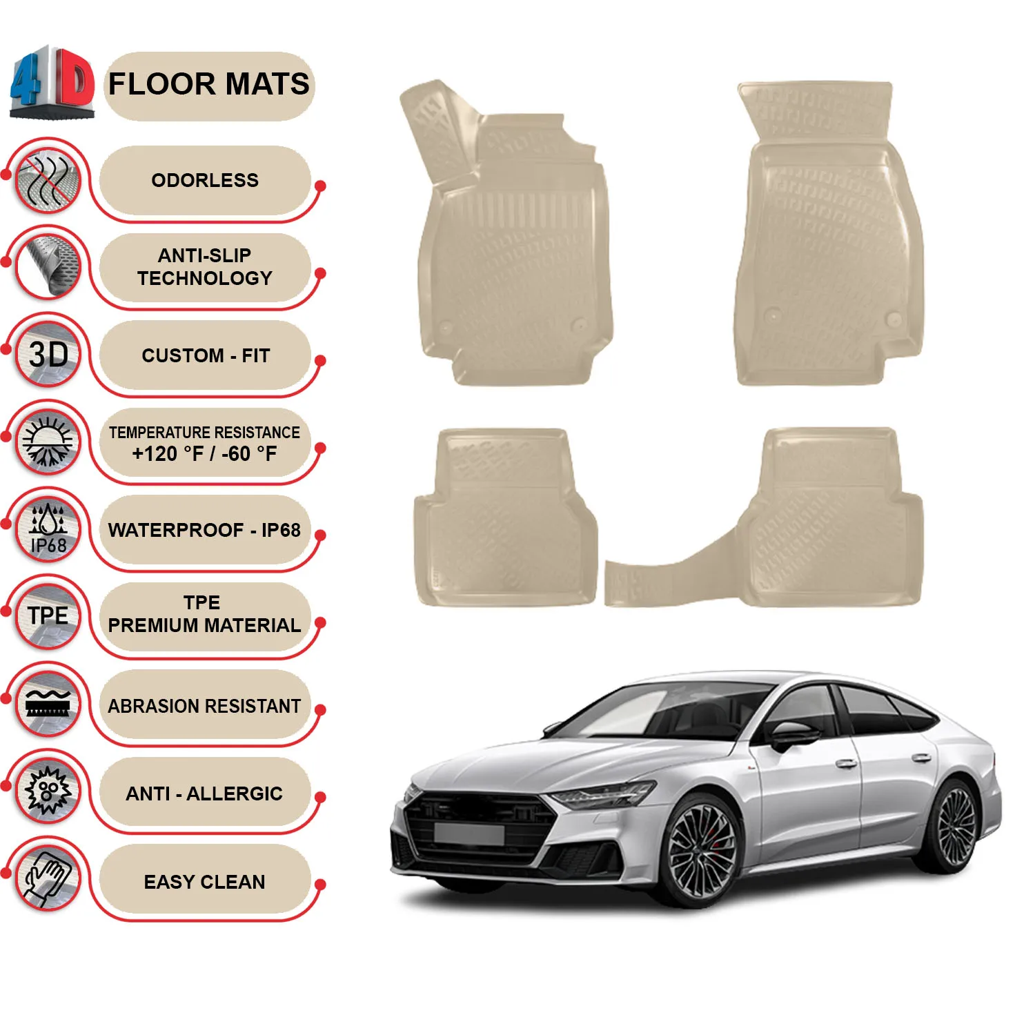 Audi A7 - (2018-2022) Floor Mats Liner Waterproof 3D - (Beige)