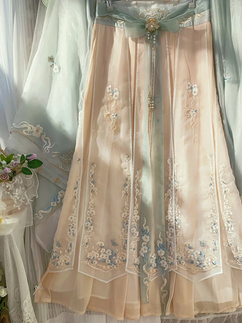 فستان Hanfu الصيني للنساء ، تطريز تقليدي ، تأثيري ، مقاس كبير ، أخضر ، الصيف ، 4 طقم ملابس