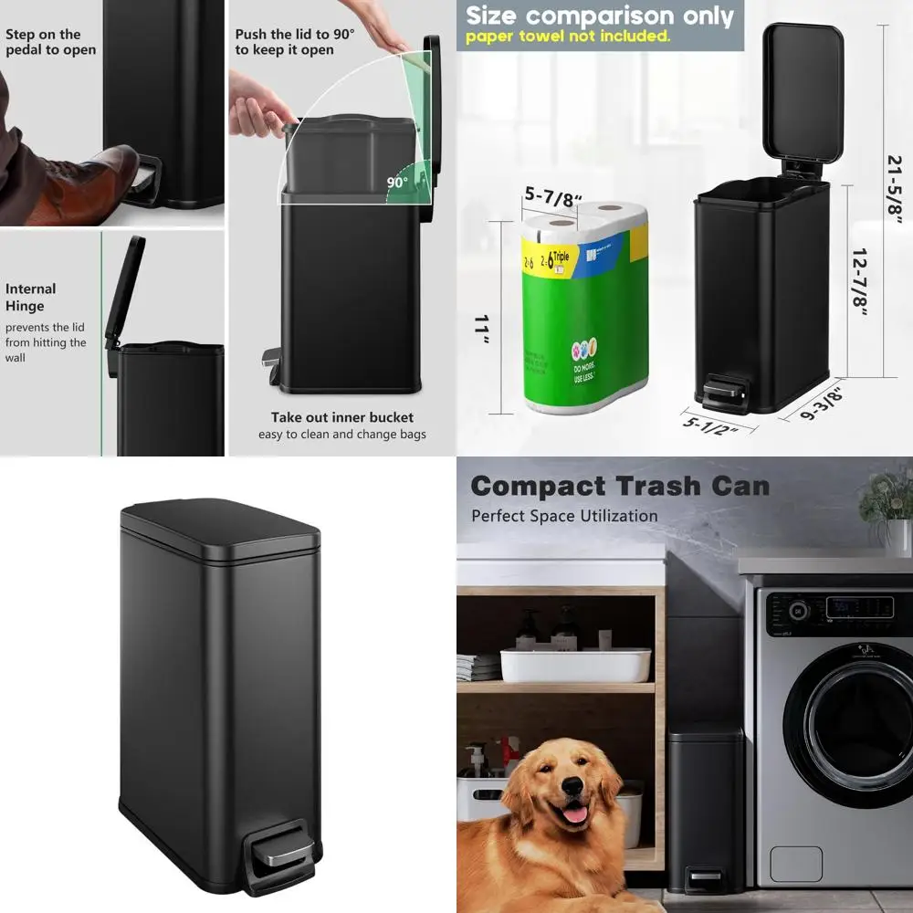 

Compact 1.6 Gallon Stainless Steel Bathroom Trash Bin with Soft-Closing Lid and Step Pedal for Home and Office Use