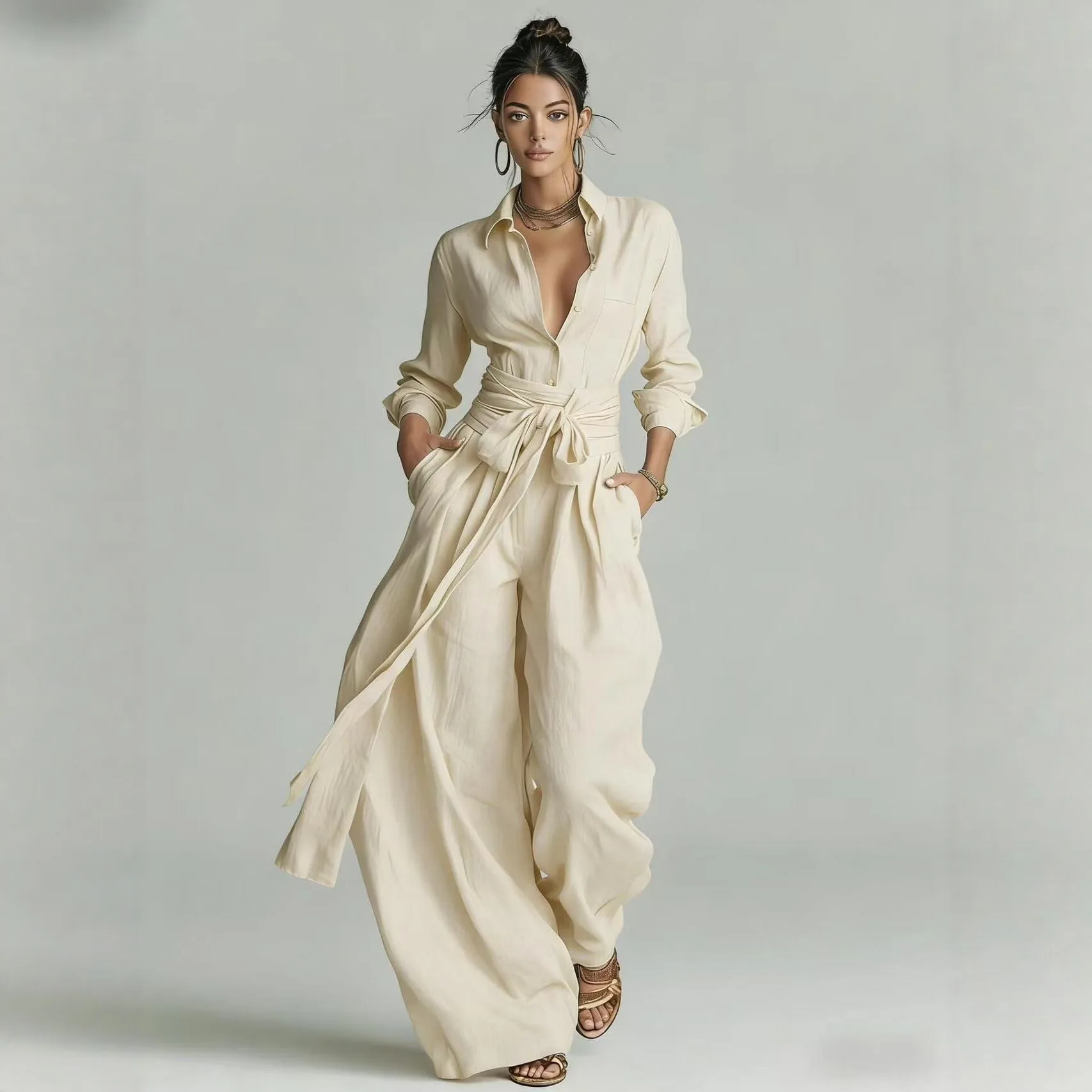 Women Casual Solid Blouse Pant Sets Loose Long Sleeve Shirts Elastic Waist Wide Leg Trousers Two Piece Set Holiday Lady Suit