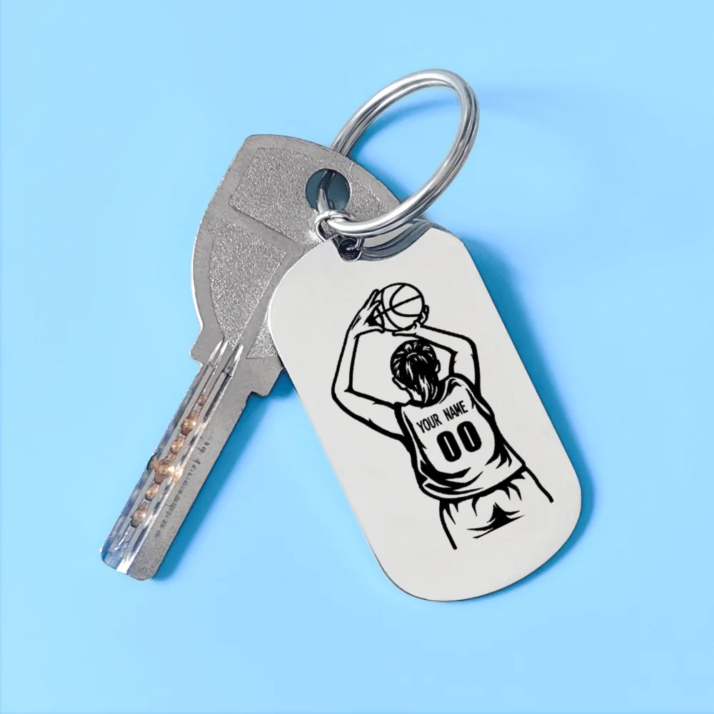 개인화 된 이름 번호 농구 키 체인 스테인레스 스틸 사용자 정의 스포츠 열쇠 고리 여성 남성 농구 선수 팬 선물
