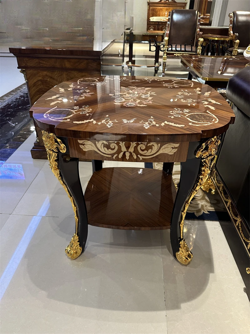 

Villa mansion corner few inlaid brass sofa edge few English classical tea table inlaid shell coffee table