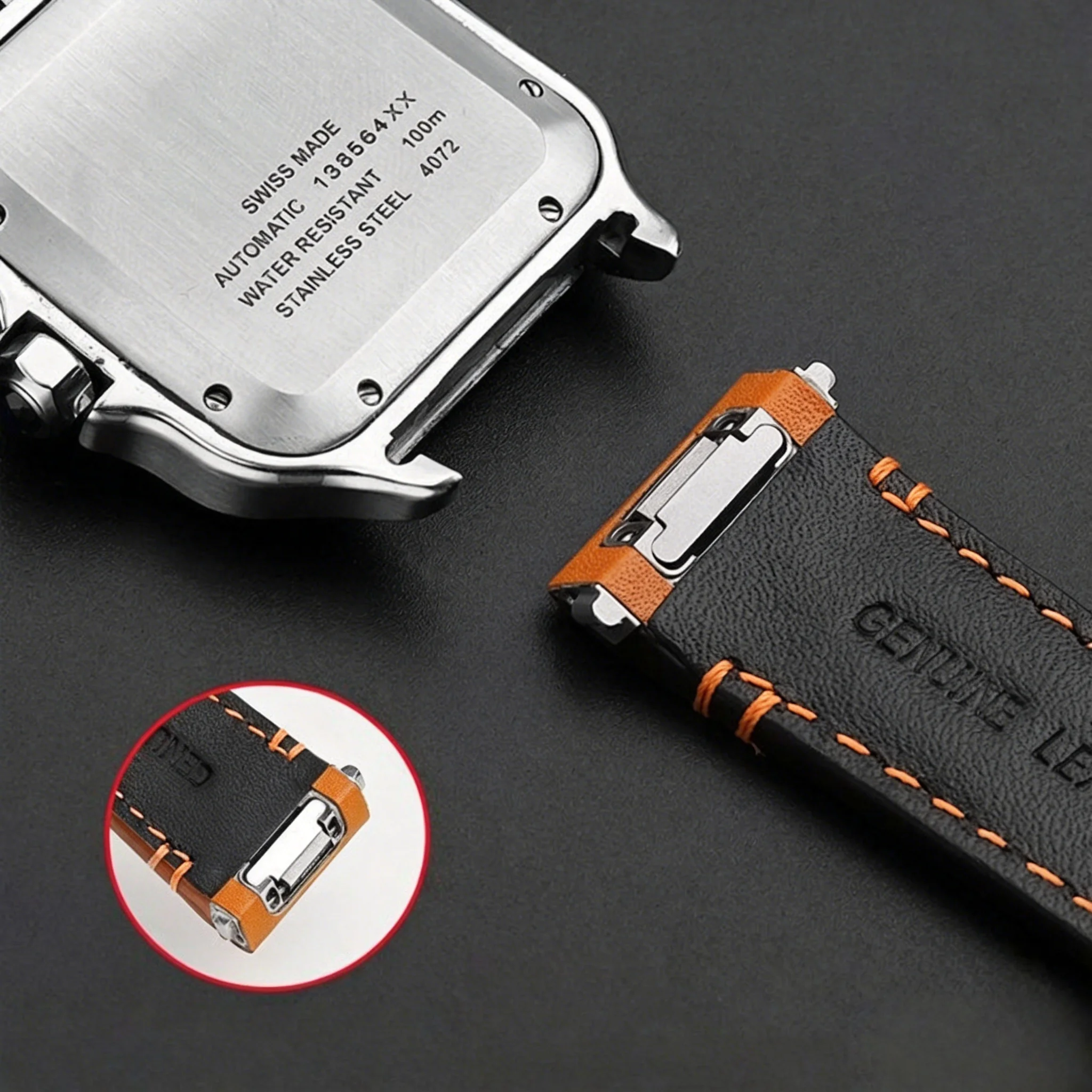 Fit For Cartier Santos Genuine Cowhide Leather Watch Strap 19mm/21mm L/M Size With Original Steel End Linking Watch Band