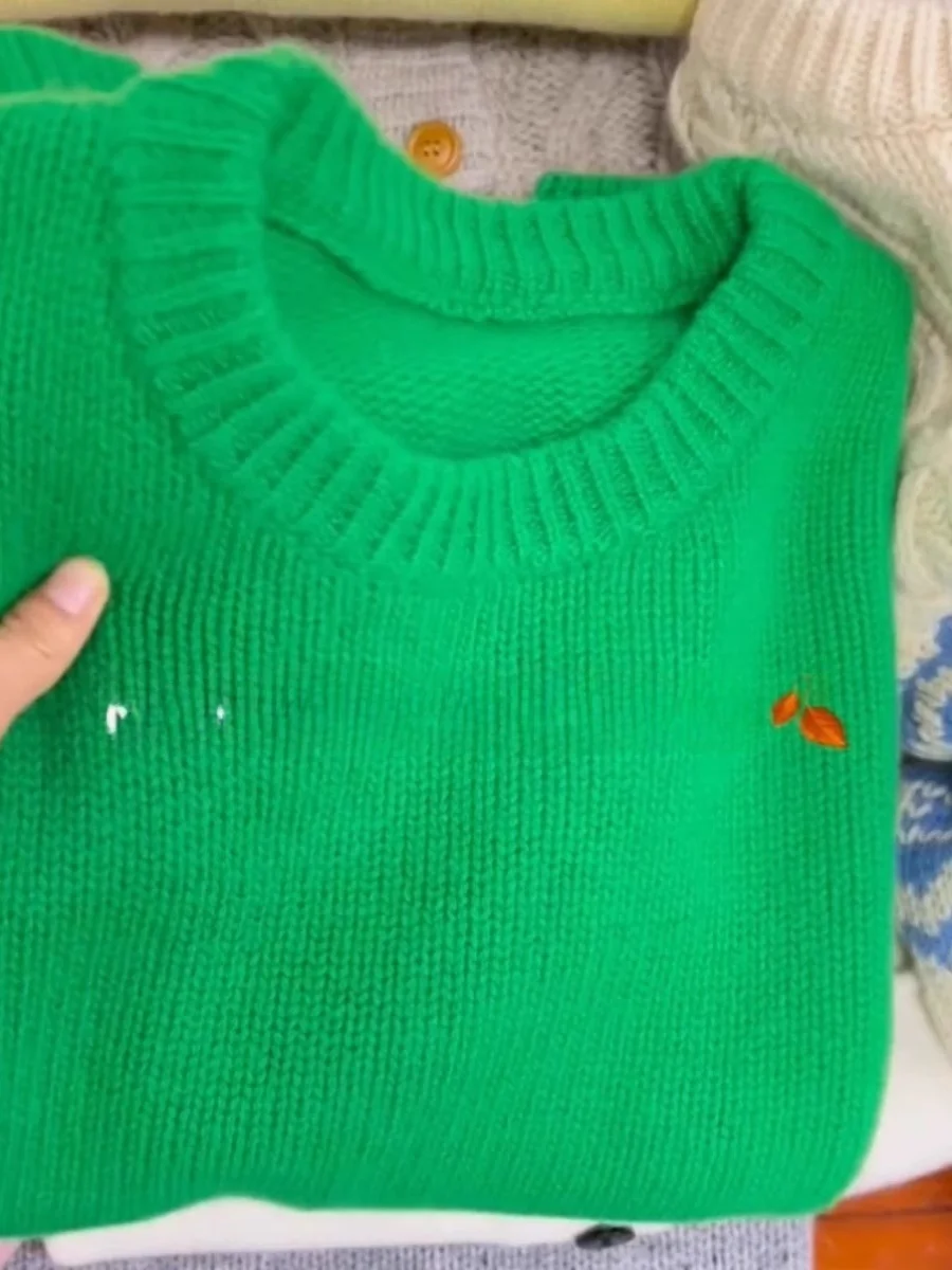 

Autumn Winter Thickened round Neck Green Sweater Women's Knitted Top Bear Fur Soft Cozy Lazy Bear Velvet Commute Style Korean...