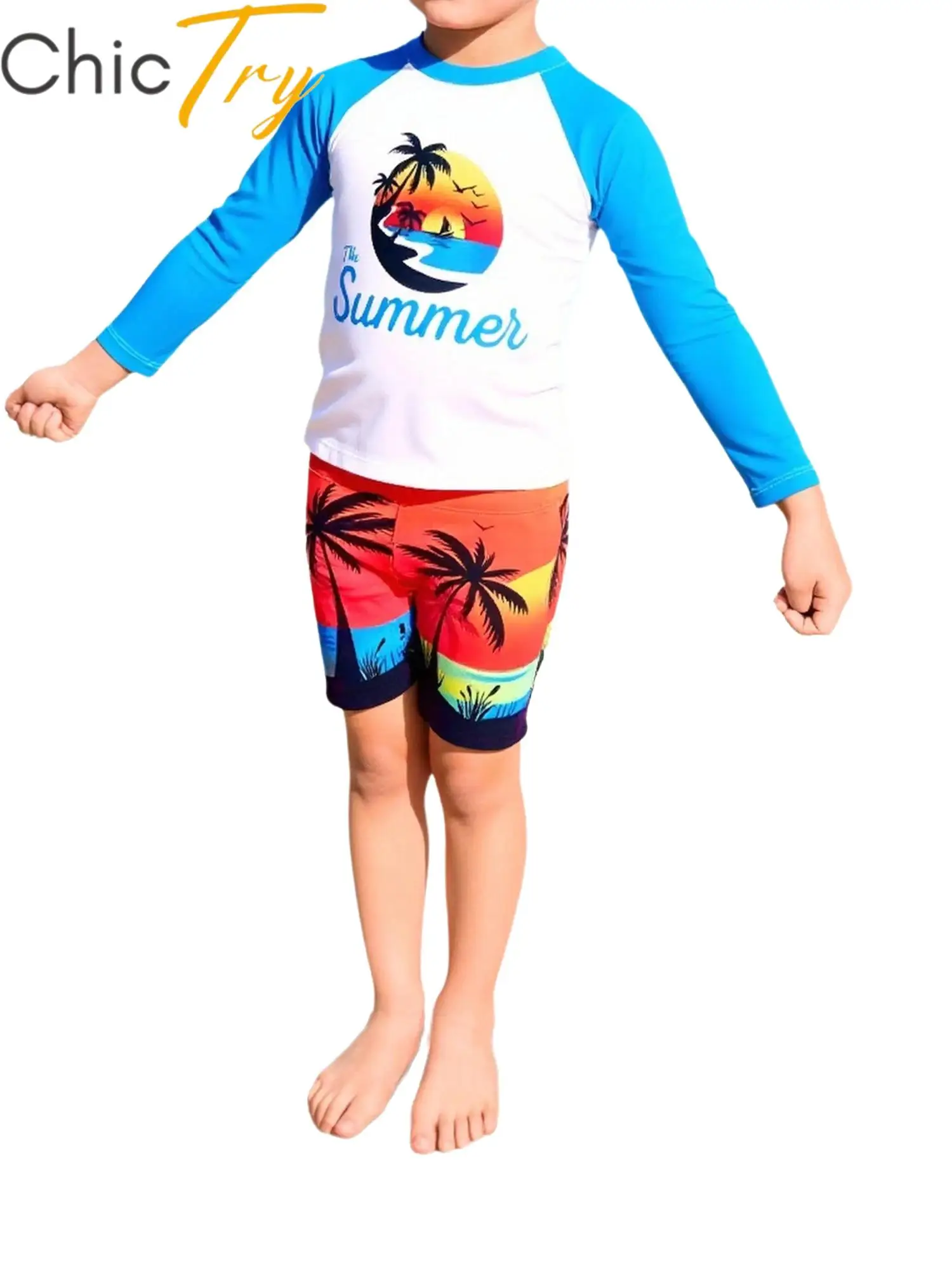 

Kids Boys Two-Piece Bathing Suit Coconut Tree/Dinosaur/Geometric Printed Swimsuit Set Swimwear Long Sleeve T-shirt with Shorts