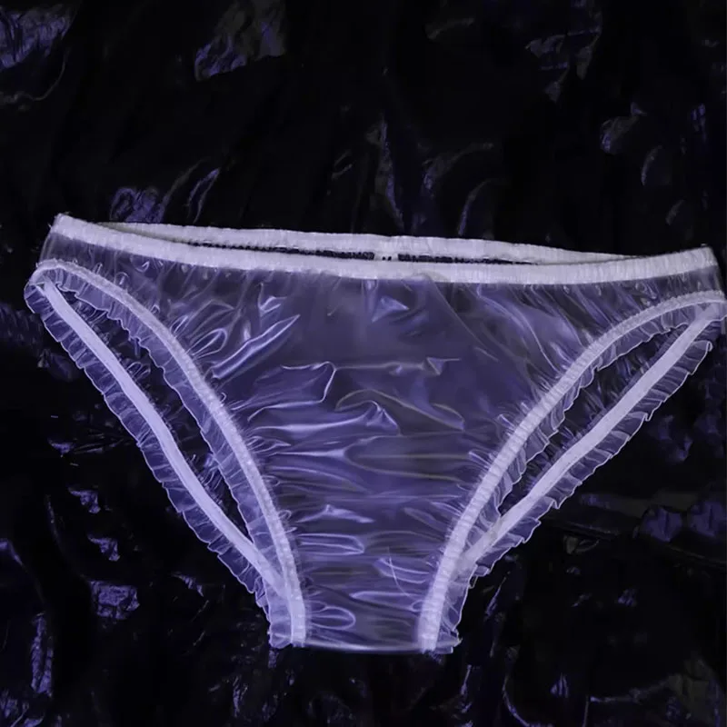 

Women PVC See Through Plastic Pants Low Waisted Lace Ruffle Panties Soft Smooth Silent Sissy Fetish Briefs Leak Proof Underpants