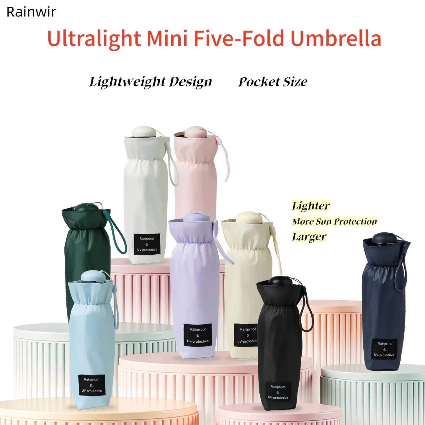 New 5-fold umbrella, 6-ribbed, ultra-lightweight capsule umbrella with black vinyl finish. Compact and foldable design, stainles