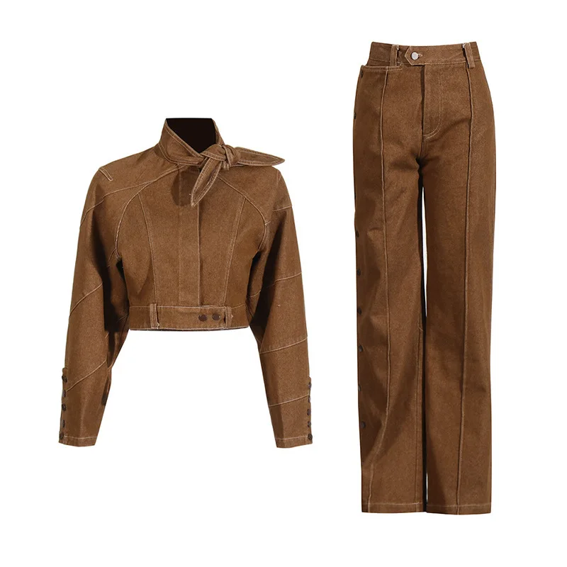 WTHT New Trendy Women's Suits Patchwork Do Old Stand Collar Jacket High Waist Straight Pants Female 2025 Autumn 1LS2601