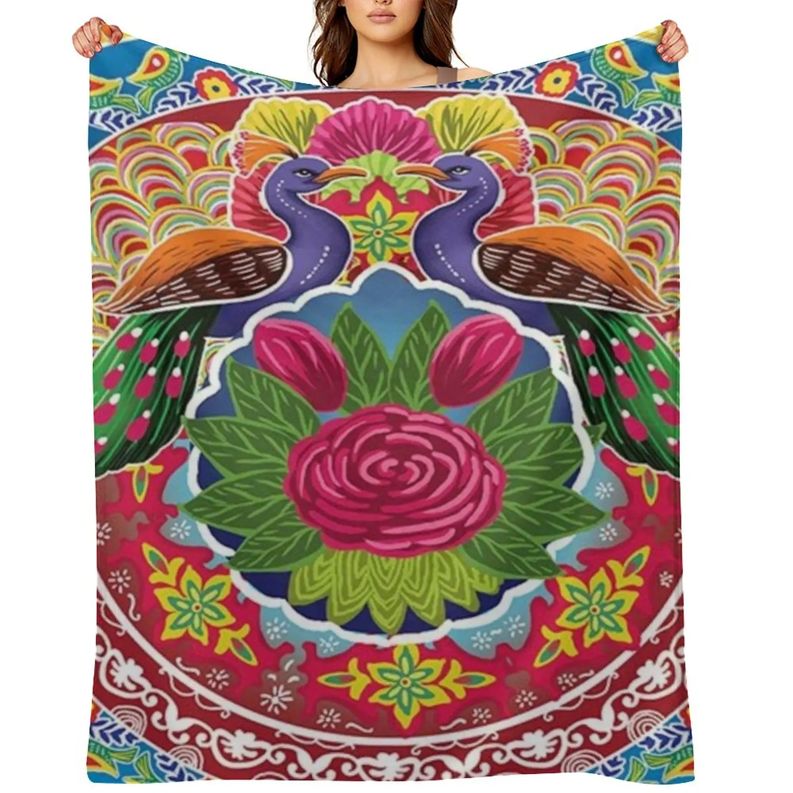 2 Peacock (Mor) - Truck Art Unique Style - Pakintani Truck - Pakistani Local Truck Throw Blanket Single bed plaid Blankets