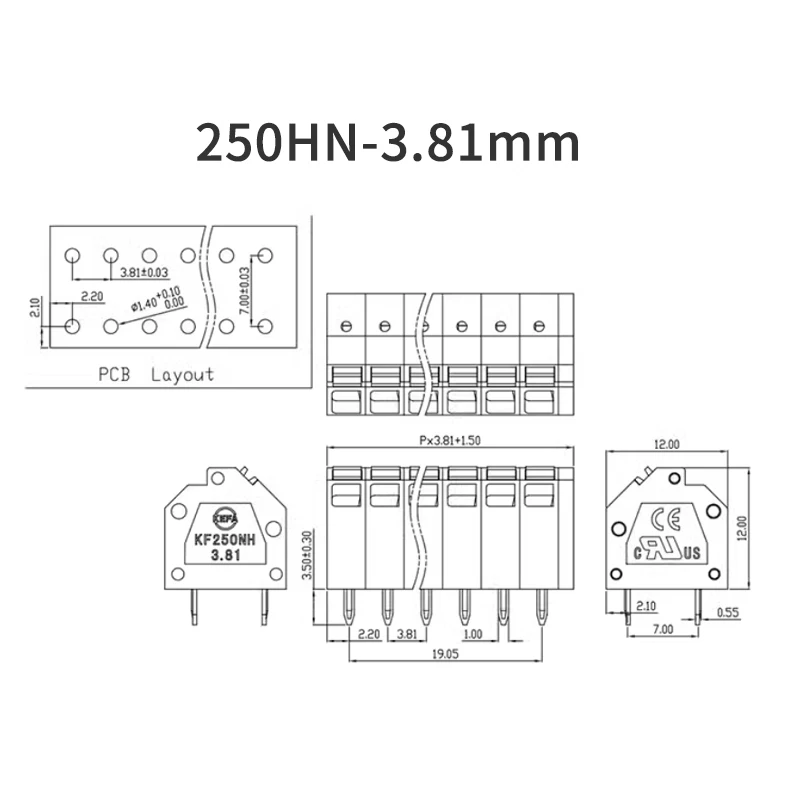 (1 Piece) KF250NH Spring Press PCB Slant Terminal Block 3.81mm 5.08mm Double Row Pin SPTA 2P 3P 4P ~ 12P 250NH