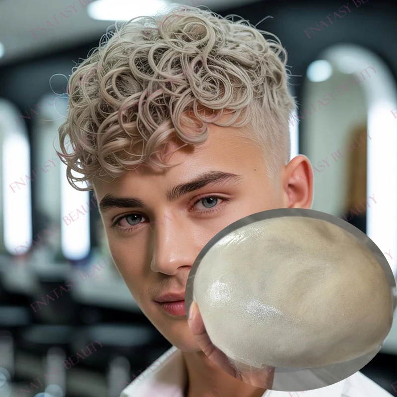 

Undetectable 0.06mm Micro Thin Skin Base Hairloss Men Grey Platinum Blonde 26mm Curly Human Hair System Prosthesis Capillary
