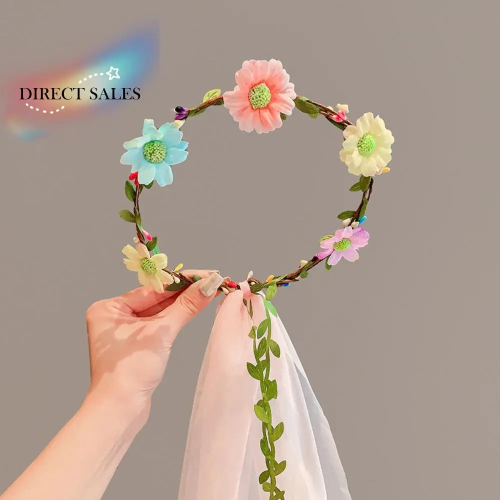 

White Flower Girls Bow Garland Veils Wedding Children Tulle Wreath Party Photography Princess Headwear for Kids