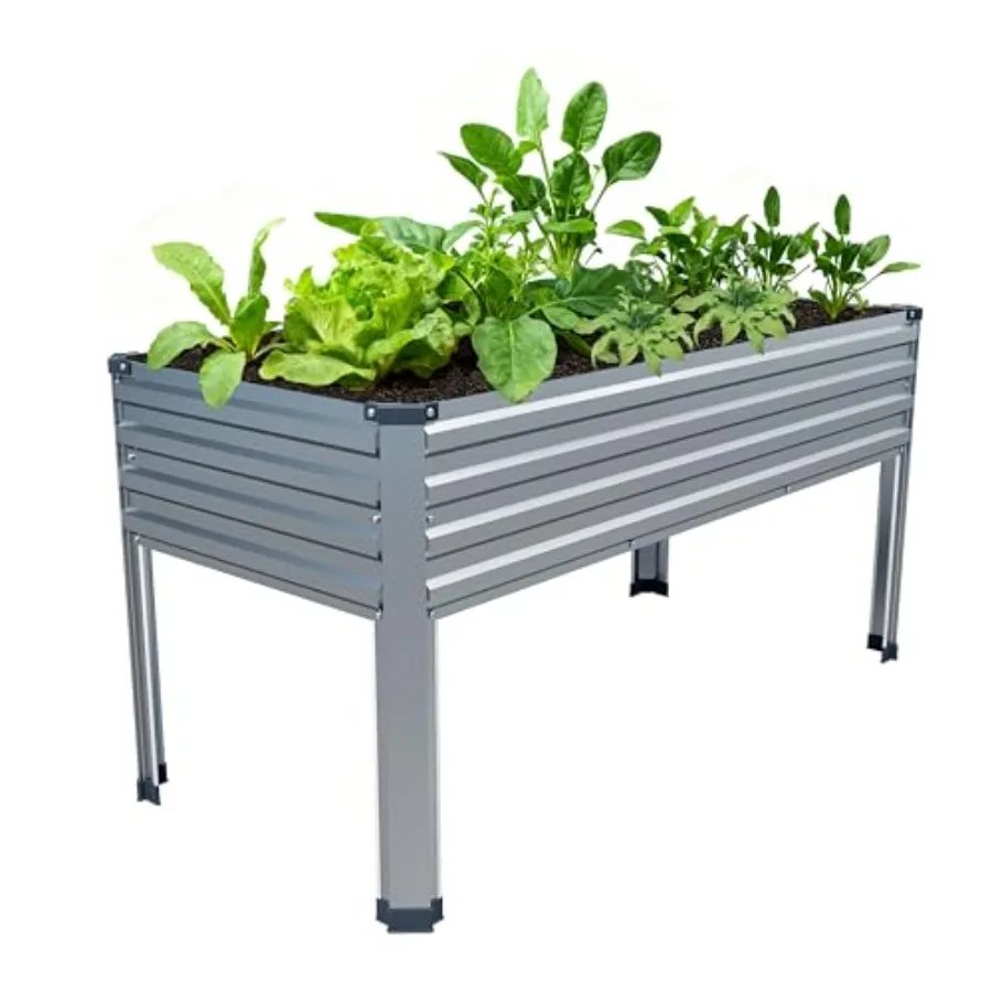 

Оцинкованная металлическая приподнятая грядка-клумба 48×24×30 дюймов на ножках для патио, балкона, заднего двора, нагрузка до 300 фунтов, серебристая
