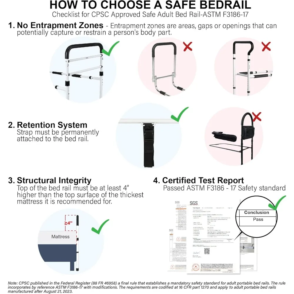 Rail d'assistance au lit réglable avec barre d'appui de sécurité, assemblage sans outil pour toutes les tailles de lit, certifié ASTM