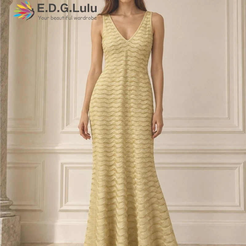 EDGLuLu French Sexy V-Neck Sleeveless Knitted Camisole Dress 2026 Summer New Striped Slim Elegant Long Dress 1005