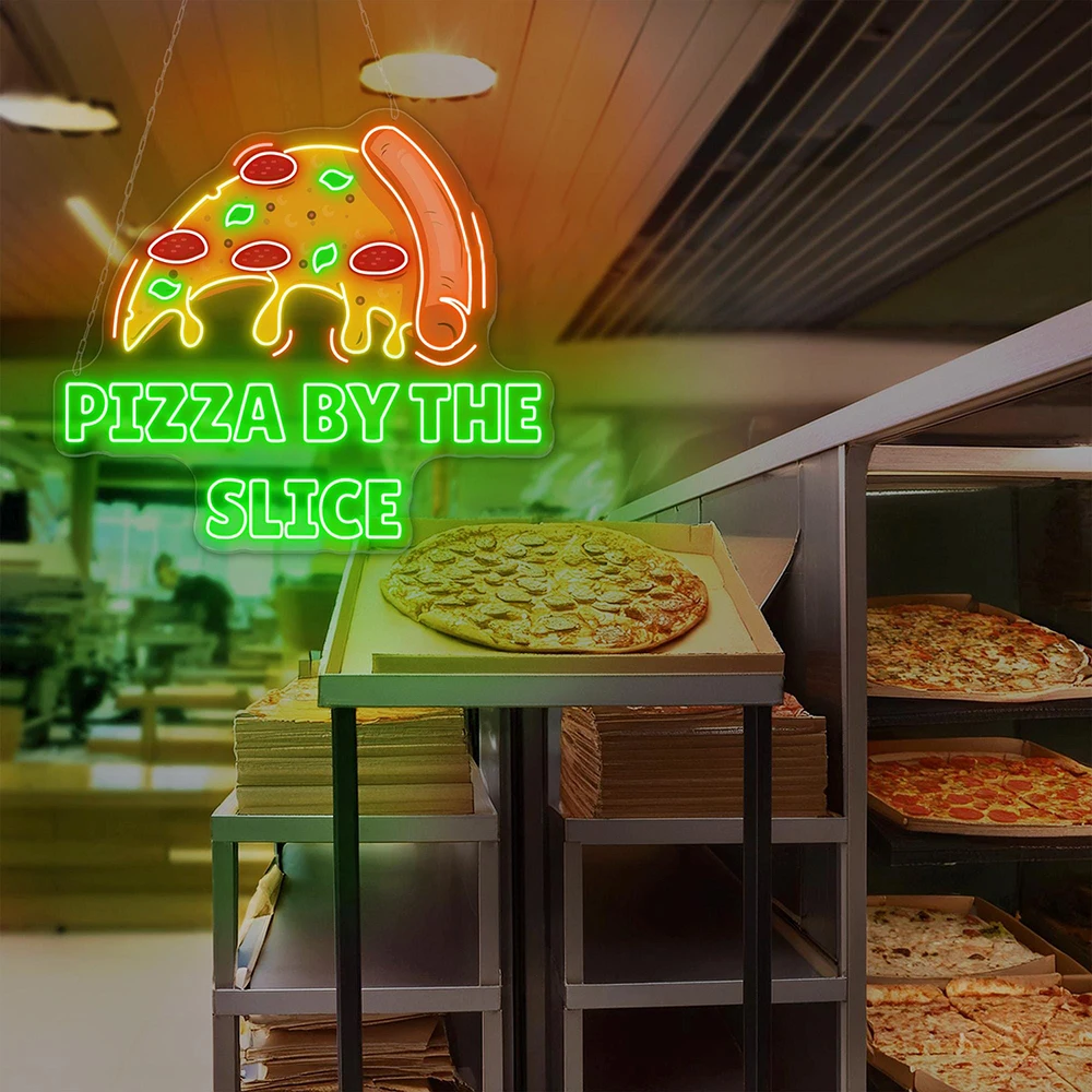 Pizza By The Slice Neon Sign Custom Pizza Shop Food Store Wall Decoratiob Neon Sign Restaurant Kitchen Decor Welcome Led Light