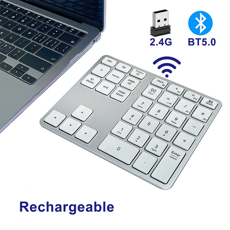 Number Pad, Aluminum USB-C Rechargeable Wireless Number Pad, External 35-Keys Portable 2.4 GHz  Keyboard for Laptop, PC Desktop