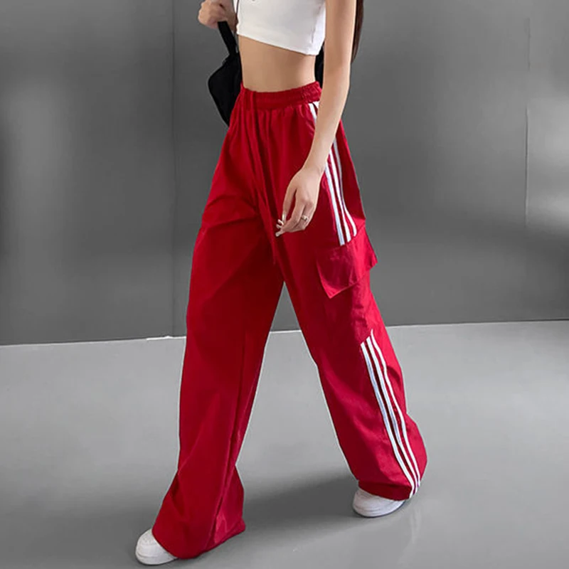 Gidyq Streetwear Women Stripe Cargo Pants American Style Fashion Patchwork Loose Sweatpants Y2K Female Hip Hop Wide Legs Pants