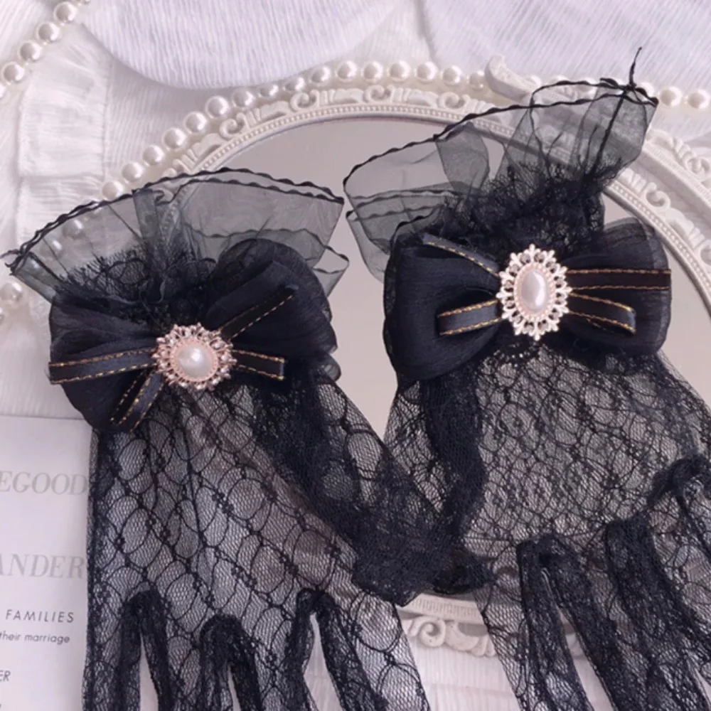 Gotycki czarny biały koronkowe rękawiczki piękny miękki kwiat koronki koronkowe rękawiczki Gothic Lolita siateczkowy kokardka rękawiczka Cosplay — zdjęcie 2