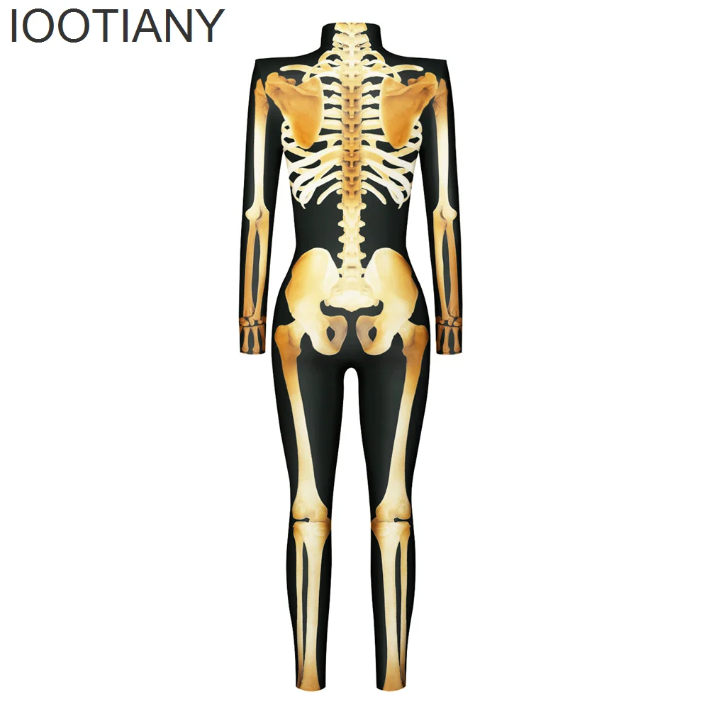 IOOTIANY Painted Gold Skull Skeleton 3D Print Cosplay Costume Sexy Jumpsuit Halloween Bodysuit Adult Carnival Party monos mujer
