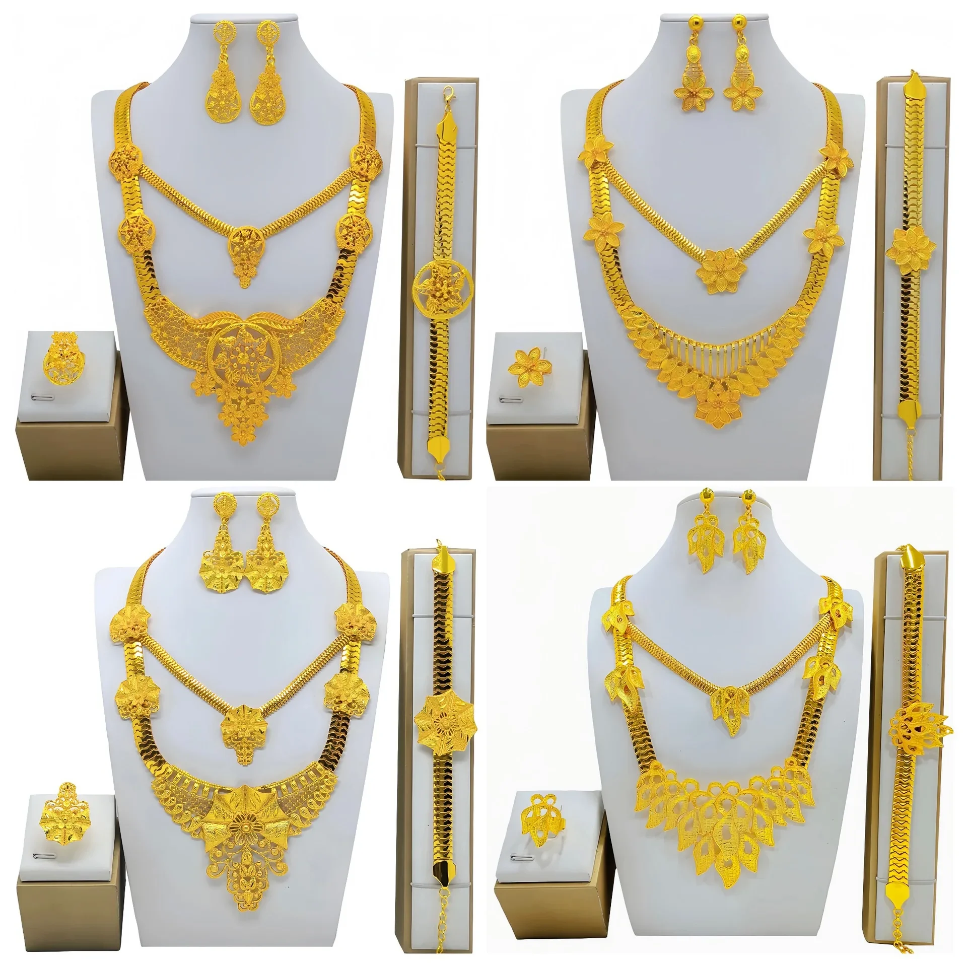 

Jewelry Set for Women Chunky Necklace Earrings Dubai Gold Plated Bracelet African Fashion 4Pcs Jewelry for Punk Party Wedding