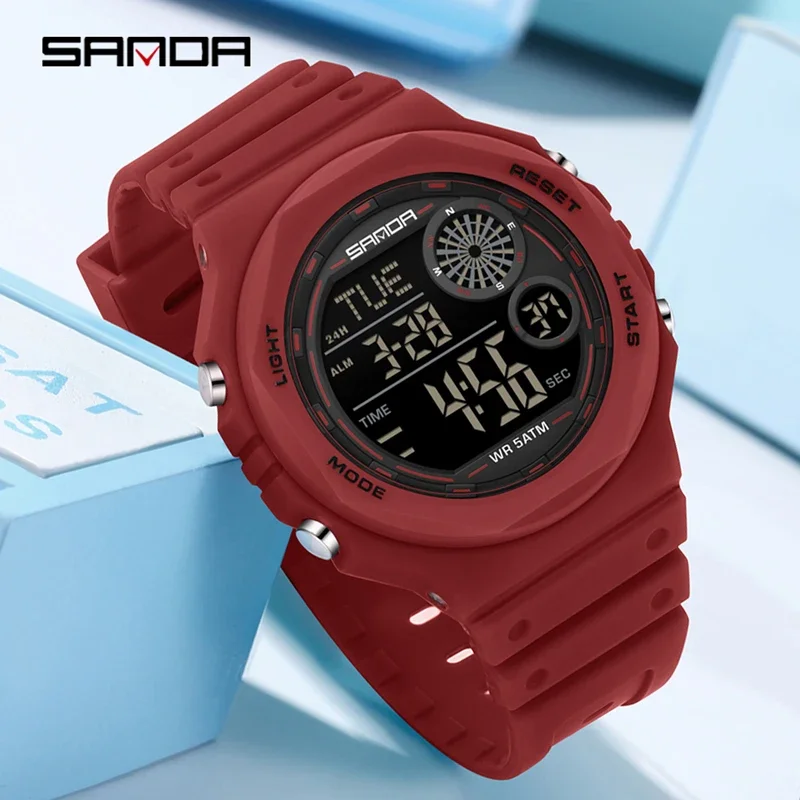 SANDA Fashion الساعات الرقمية الرياضية LED ساعات المعصم متعددة الوظائف مضيئة 50 متر مقاوم للماء تاريخ الأسبوع طالب ساعة إلكترونية