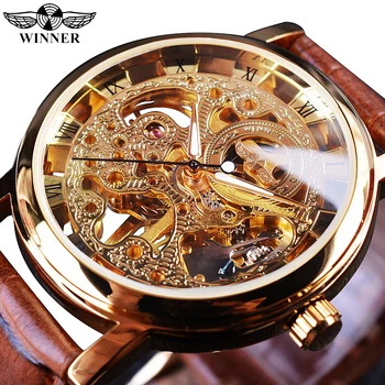 Winner Transparent Fashion Case Luxury Casual Design Leather Strap Mens Watches Top Brand