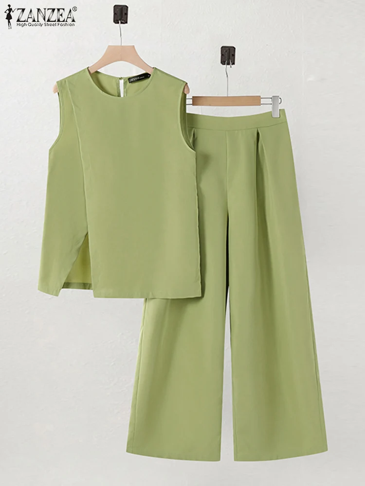 

ZANZEA Street Fashion Solid Pant Sets Wide Leg Trouser Women Casual 2024 New 2-Piece Sets Commute Sleeveless Tops Elegant Suits