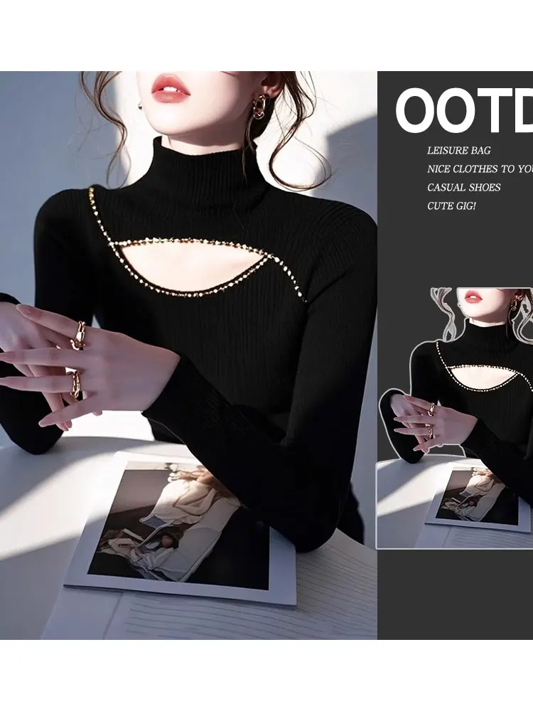 

Autumn Winter Black Half High Neck Knitted Sweater Women's Fur Inner Design Sense Diamond Embellished Hollow Long Sleeve Top