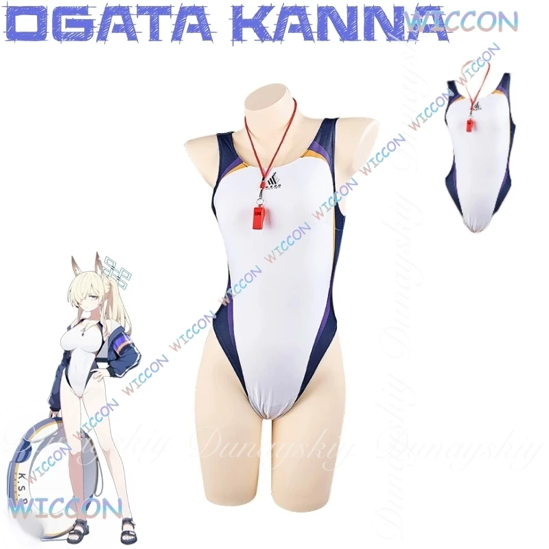 Traje de baño blanco y azul, juego de archivo Moe/azul, Ogata Kanna, Cosplay con peluca larga dorada clara con abrigo azul, disfraz de Cosplay completo