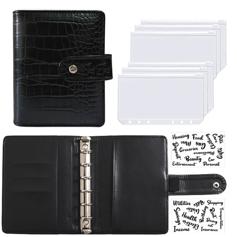 A7 Pu Lederen Budget Bindmiddel Hervulbare 6-ring Losbladige Persoonlijke Planner Notebook Met 6 Ritszakken Cash Enveloppen Systeem