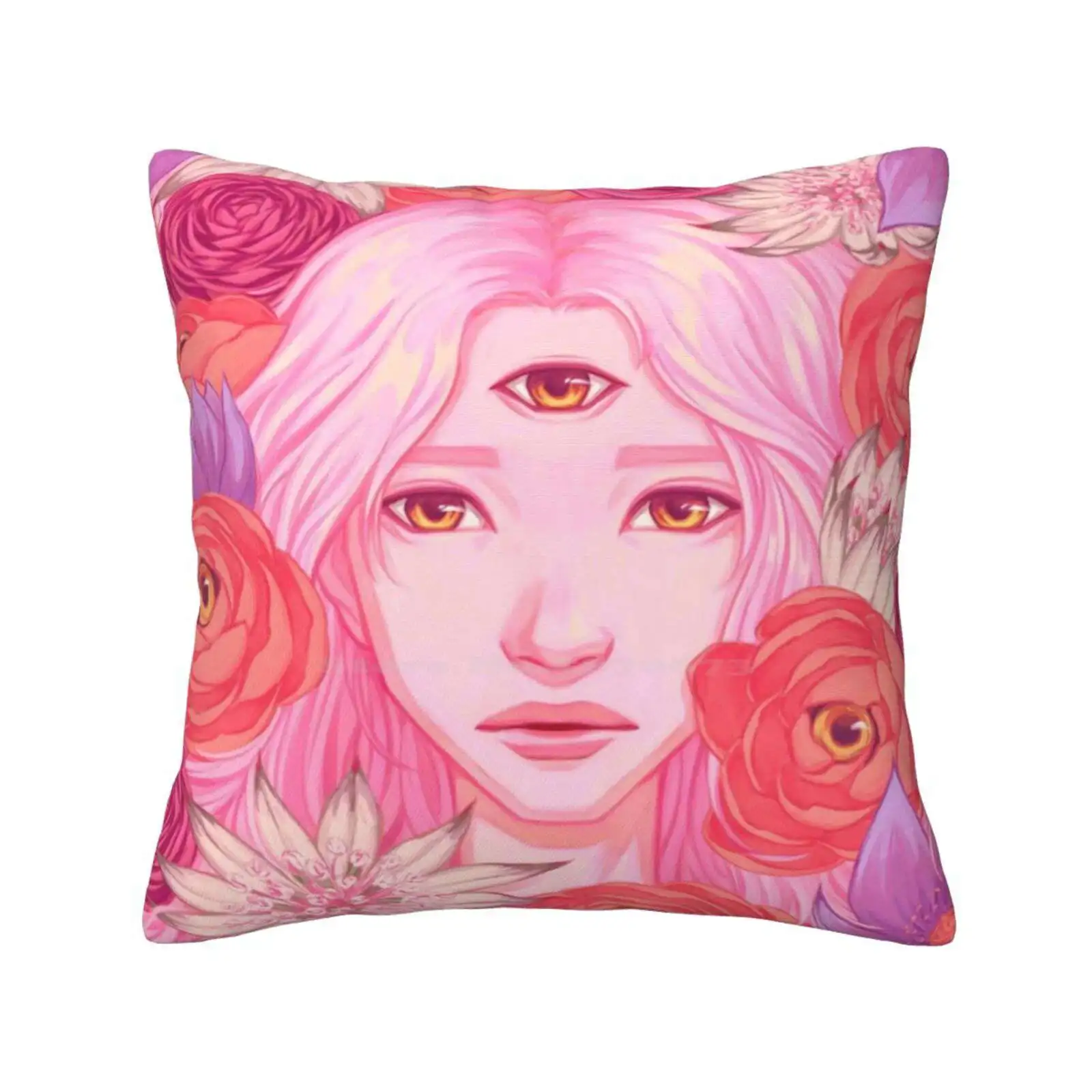 Full Bloom Home Sofa Car Waist Throw Pillowcase Popsurrealism Flowers Peony Third Eye Pink Pretty