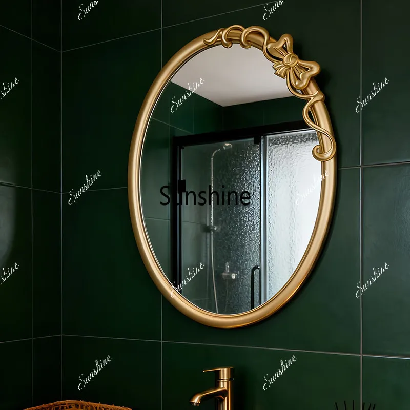 French retro carved fireplace decorative mirror light luxury bow oval makeup mirror