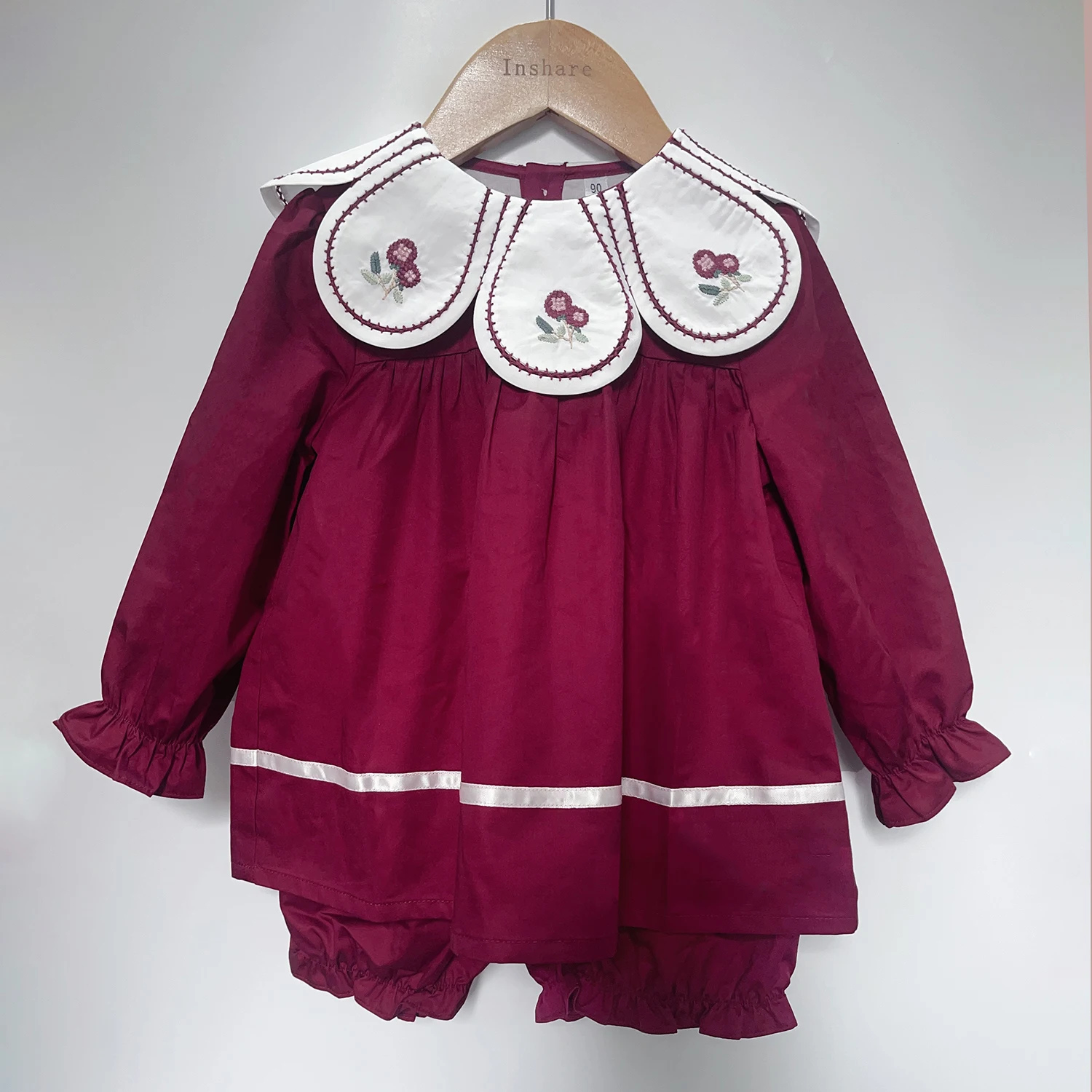 Girls Petal Collar Suit Burgundy Cotton Long-sleeved Top And Shorts Spring Autumn Christmas cute Children\'s Boutique Clothing