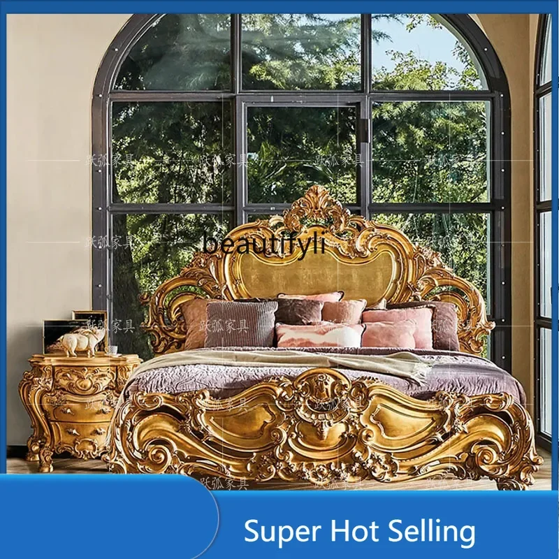 54High-End Double Single Bed European Style Furniture French Style Luxury Fabric Craft Marriage   Wood Carving Princess Bed