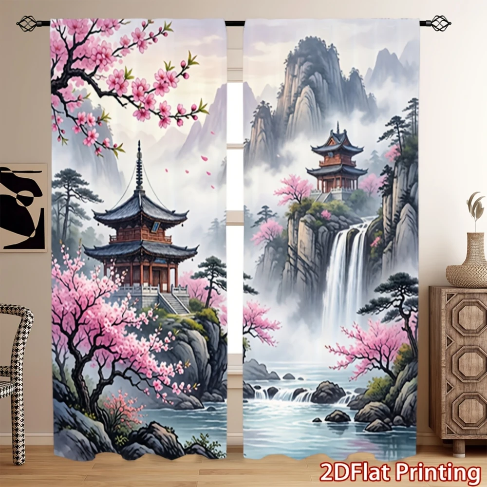 2PCS Digital Printed Curtains, Chinese Landscape Cherry Blossom Pavilion Waterfall Pattern, Asian Ink Style for Bedroom Decor