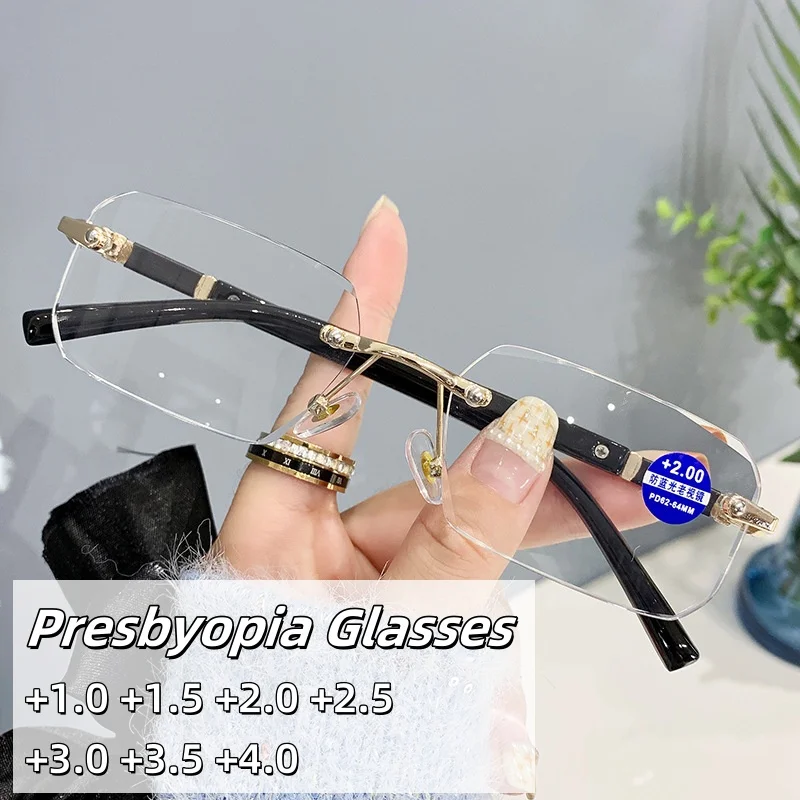 

New Frameless Anti Blue Light Presbyopia Glasses Men's Business Box Glasses Optical Prescription Eyeglasses 0 TO +4.0