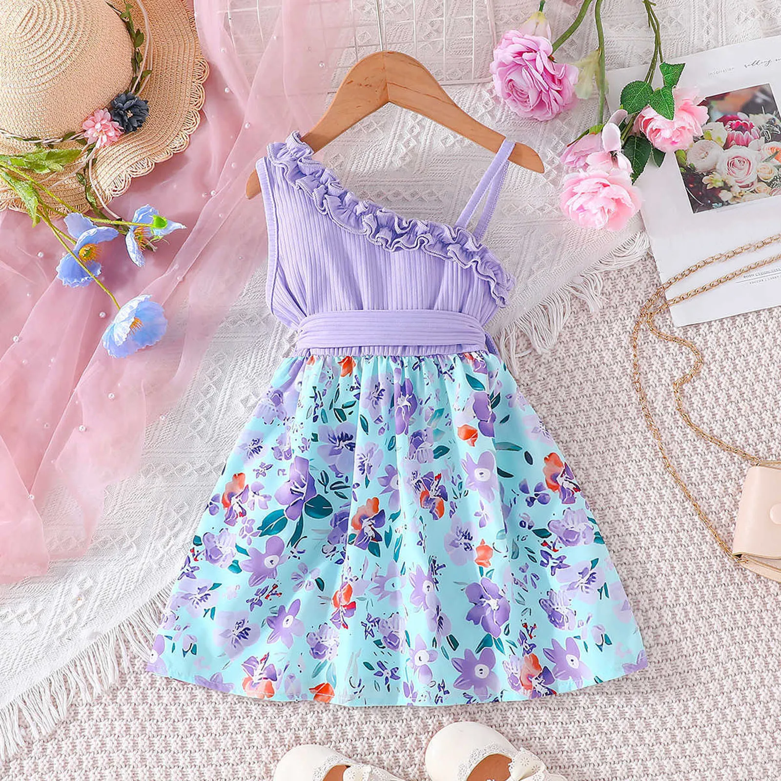 Kids Dress For Girls 1 to 6 Years Birthday Summer Ruffles Floral Off Shoulder Sleeveless Kids Princess Dresses Ootd For Girls