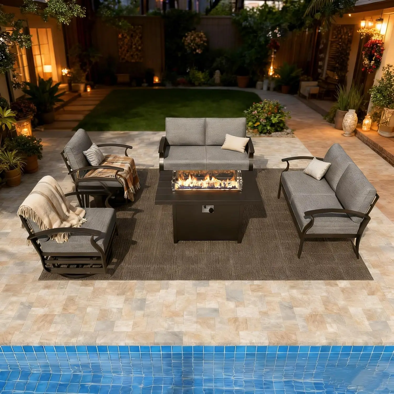 

Aluminum Patio Furniture Set with Fire Pit Table, Metal Patio Furniture with 2 Swivel Rocking Chairs Waterproof, Customized