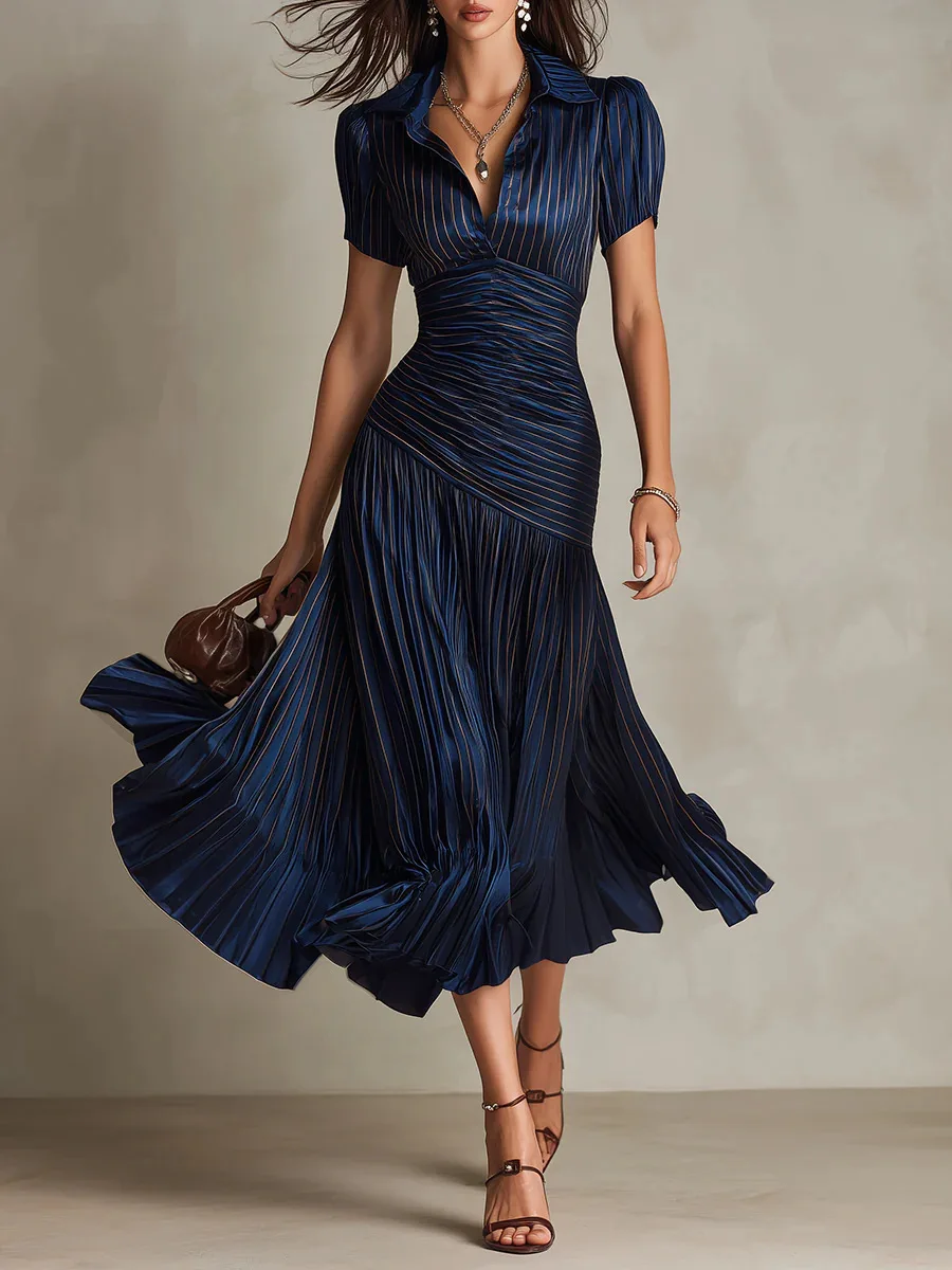 Damen Gestreiftes Satin-Hemdkleid Mode Reverskragen Kurzarm Überkreuzter Ausschnitt Geraffte Taille Asymmetrisches Plissiertes Abendkleid