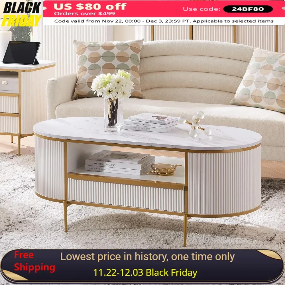 Coffee Table, 48” Oval, Luxury Alcove with Drawers, Faux Marble Top, Curved Contour Design, Living Room Center Table